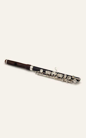 Foto de um piccolo, um instrumento de sopro de madeira ou metal, notavelmente menor que uma flauta padrão.