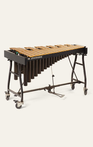 Imagem de um vibrafone, um instrumento de percussão composto por uma série de barras metálicas afinadas dispostas em um suporte. Cada barra é equipada com um motor que pode vibrar, proporcionando um som distinto e vibrante quando tocada com baquetas. O suporte é geralmente montado sobre pernas ajustáveis para permitir a manipulação do músico.